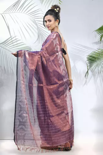 Blue polka dots tissue saree with stripes pallu