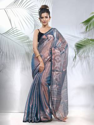 Blue polka dots tissue saree with stripes pallu 1
