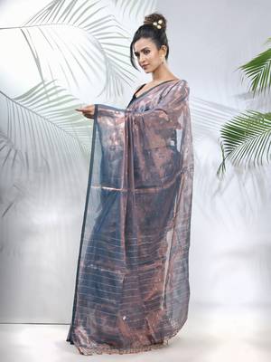 Blue polka dots tissue saree with stripes pallu 2