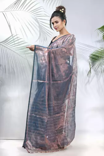 Blue polka dots tissue saree with stripes pallu