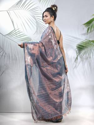 Blue polka dots tissue saree with stripes pallu 3