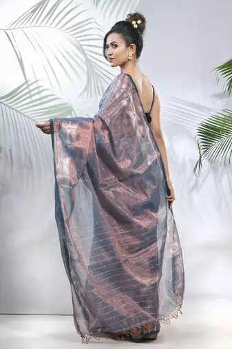 Blue polka dots tissue saree with stripes pallu
