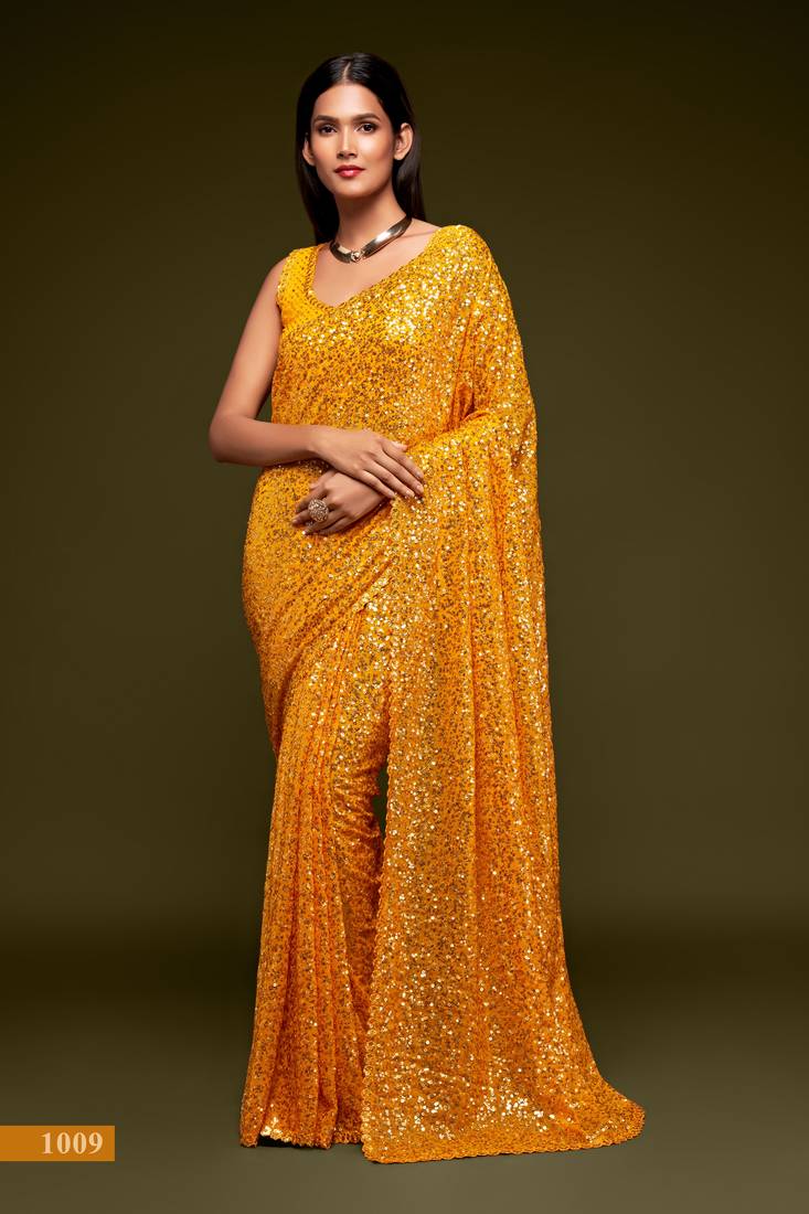 Trendmalls  Heavy Georgette Sequins Work Heavy Saree with Blouse