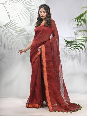 Maroon linen saree with sequined work in stripes 1