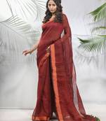 Maroon linen saree with sequined work in stripes