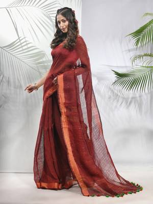 Maroon linen saree with sequined work in stripes 2