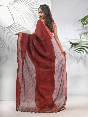 Maroon linen saree with sequined work in stripes 3