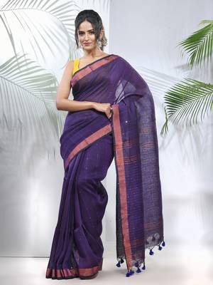 Lilac linen saree with sequined work in stripes 1