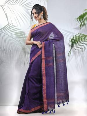 Lilac linen saree with sequined work in stripes 2