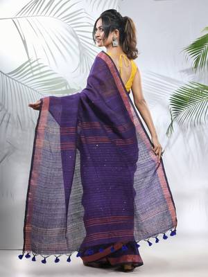 Lilac linen saree with sequined work in stripes 3