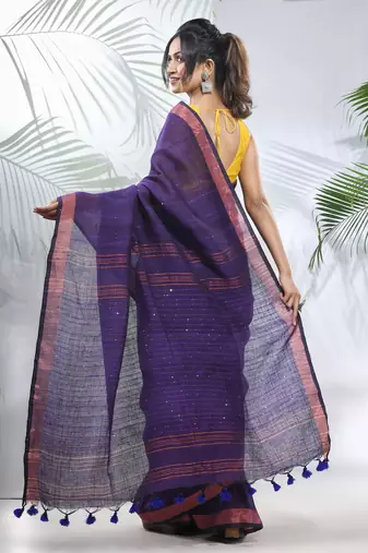 Lilac linen saree with sequined work in stripes