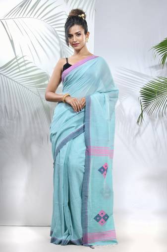 Sea green cotton saree with stripes pattern