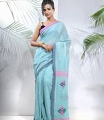 Sea green cotton saree with stripes pattern