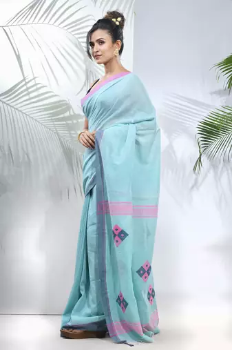 Sea green cotton saree with stripes pattern