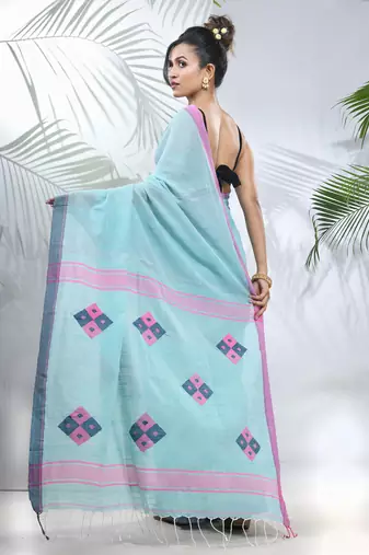 Sea green cotton saree with stripes pattern