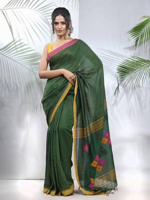 Green cotton saree with stripes pattern 1