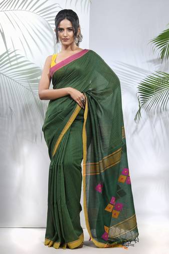 Green cotton saree with stripes pattern