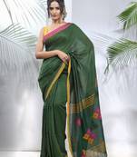 Green cotton saree with stripes pattern