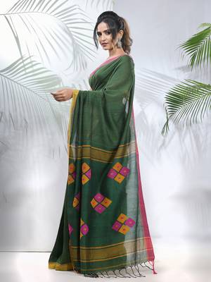 Green cotton saree with stripes pattern 2