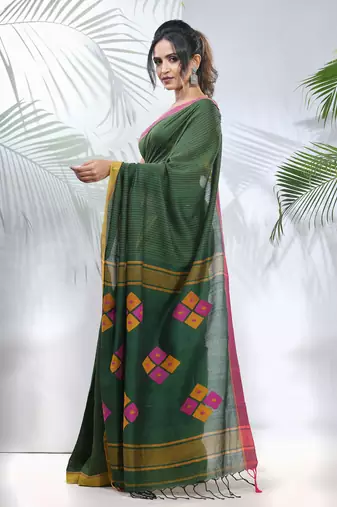 Green cotton saree with stripes pattern