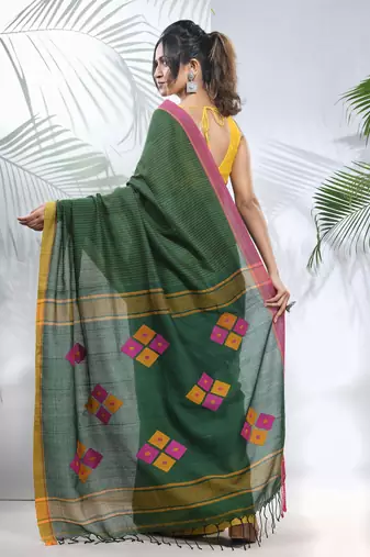 Green cotton saree with stripes pattern