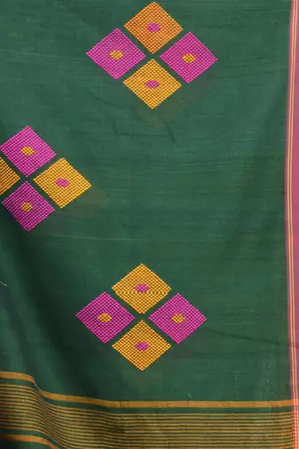 Green cotton saree with stripes pattern
