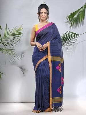 Blue cotton saree with stripes pattern 1
