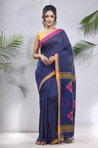 Blue cotton saree with stripes pattern