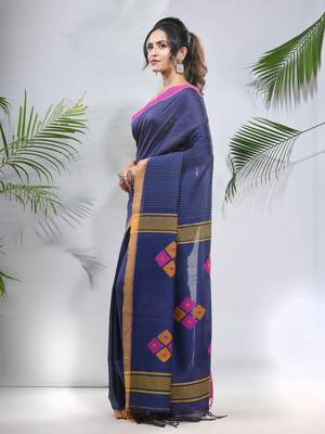 Blue cotton saree with stripes pattern 2