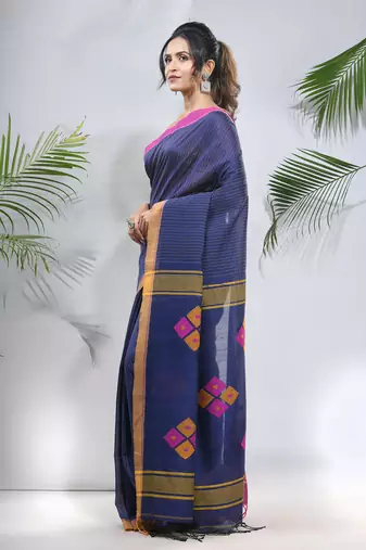 Blue cotton saree with stripes pattern