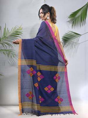 Blue cotton saree with stripes pattern 3