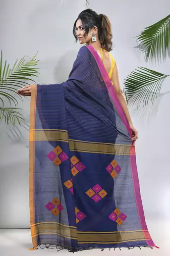 Blue cotton saree with stripes pattern
