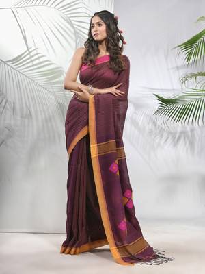 Brown cotton saree with stripes pattern 1