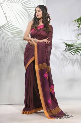 Brown cotton saree with stripes pattern
