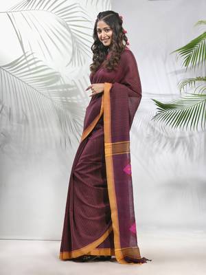 Brown cotton saree with stripes pattern 2