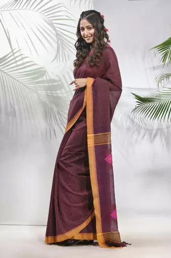 Brown cotton saree with stripes pattern
