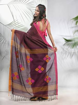 Brown cotton saree with stripes pattern 3