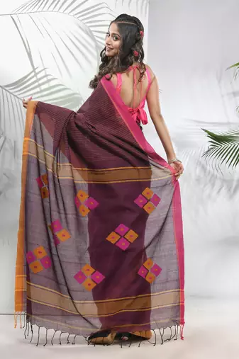Brown cotton saree with stripes pattern