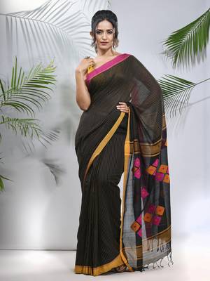Black cotton saree with stripes pattern 1