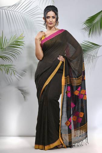 Black cotton saree with stripes pattern