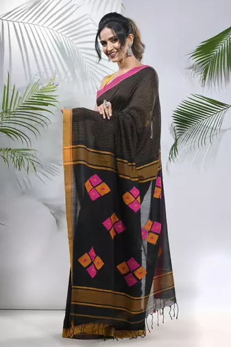 Black cotton saree with stripes pattern