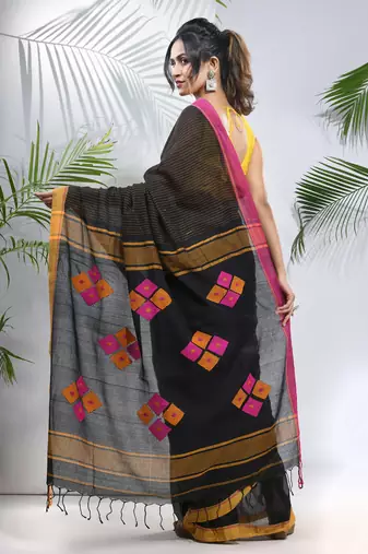 Black cotton saree with stripes pattern