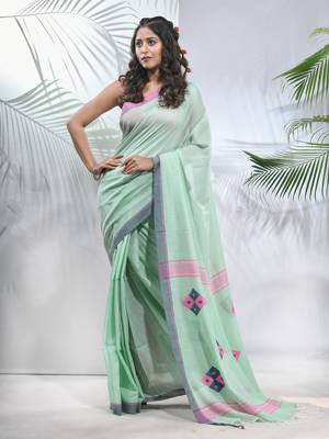 Mint green cotton saree with stripes pattern 1