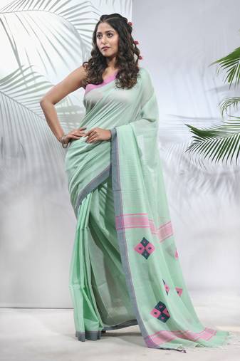 Mint green cotton saree with stripes pattern