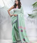 Mint green cotton saree with stripes pattern