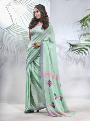 Mint green cotton saree with stripes pattern 2