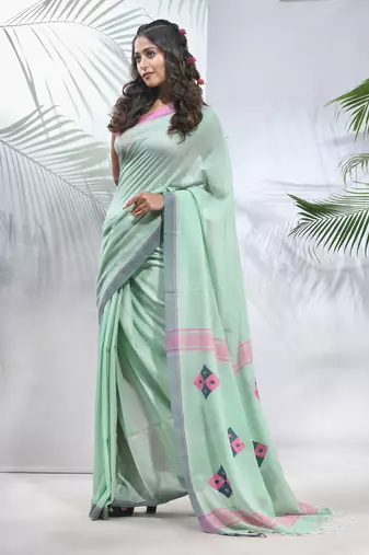 Mint green cotton saree with stripes pattern