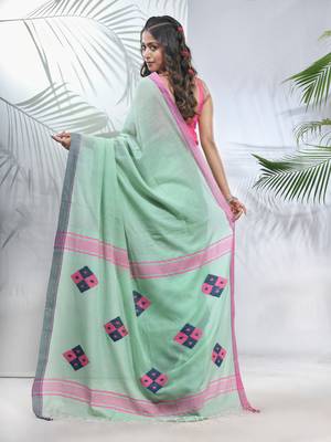 Mint green cotton saree with stripes pattern 3