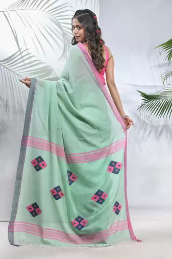 Mint green cotton saree with stripes pattern