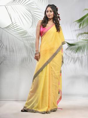 Yellow cotton saree with stripes pattern 1